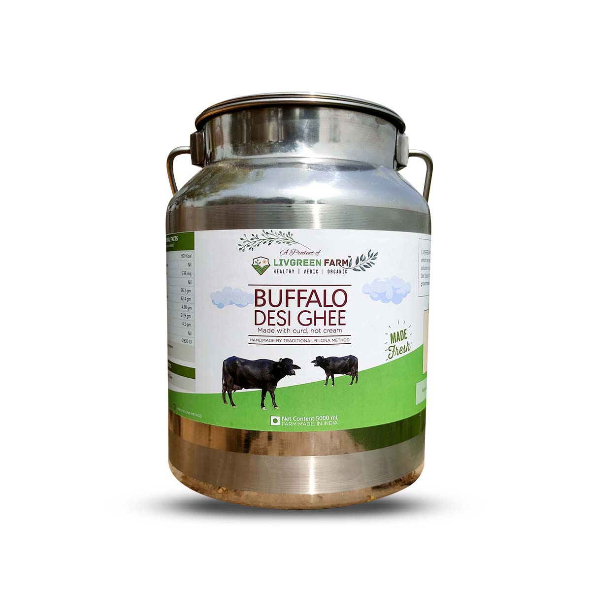 Buffalo Bilona Ghee 5000mL Steel Can LivGreen Farm